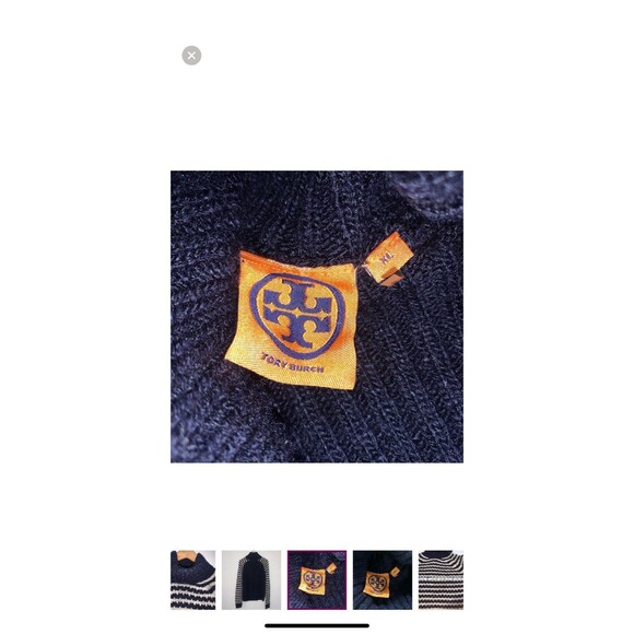 Tory Burch Navy Beige Striped Long Sleeve Turtleneck Wool Mohair Sweater XL Cozy - Picture 5 of 8